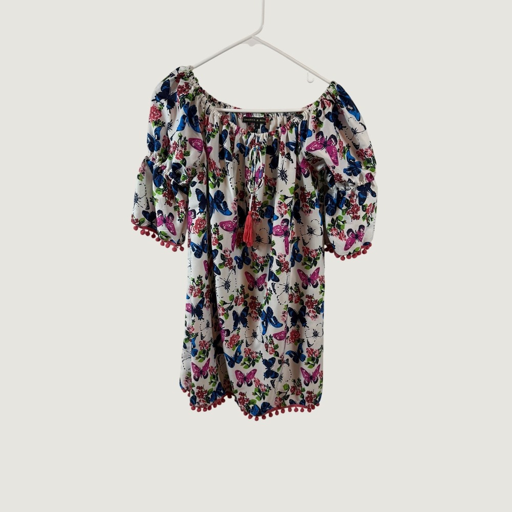 America & Beyond Butterfly Print Pom Pom Trim Off Shoulder Dress Top Small